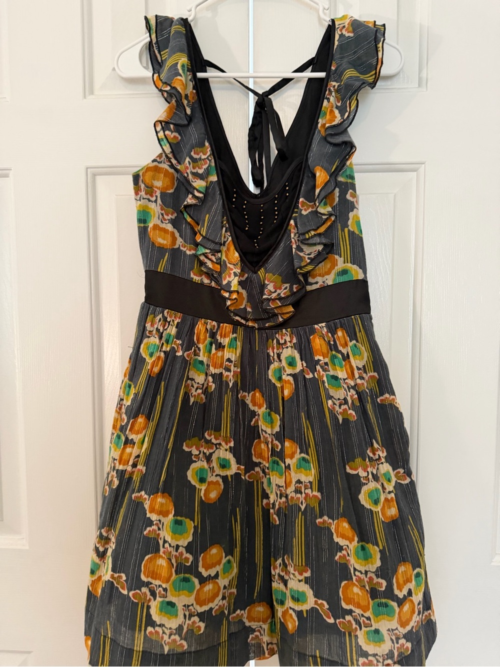 Hype Black Dress with Orange & Green Floral Ruffle Details